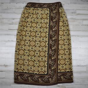 Vintage brown/gold wrap front floral medallion skirt size 8 petite coastal boho